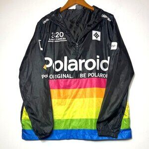 Polaroid Windbreaker Hooded Pullover 1/4 Zip Jacket Retro Black Rainbow Sz XL